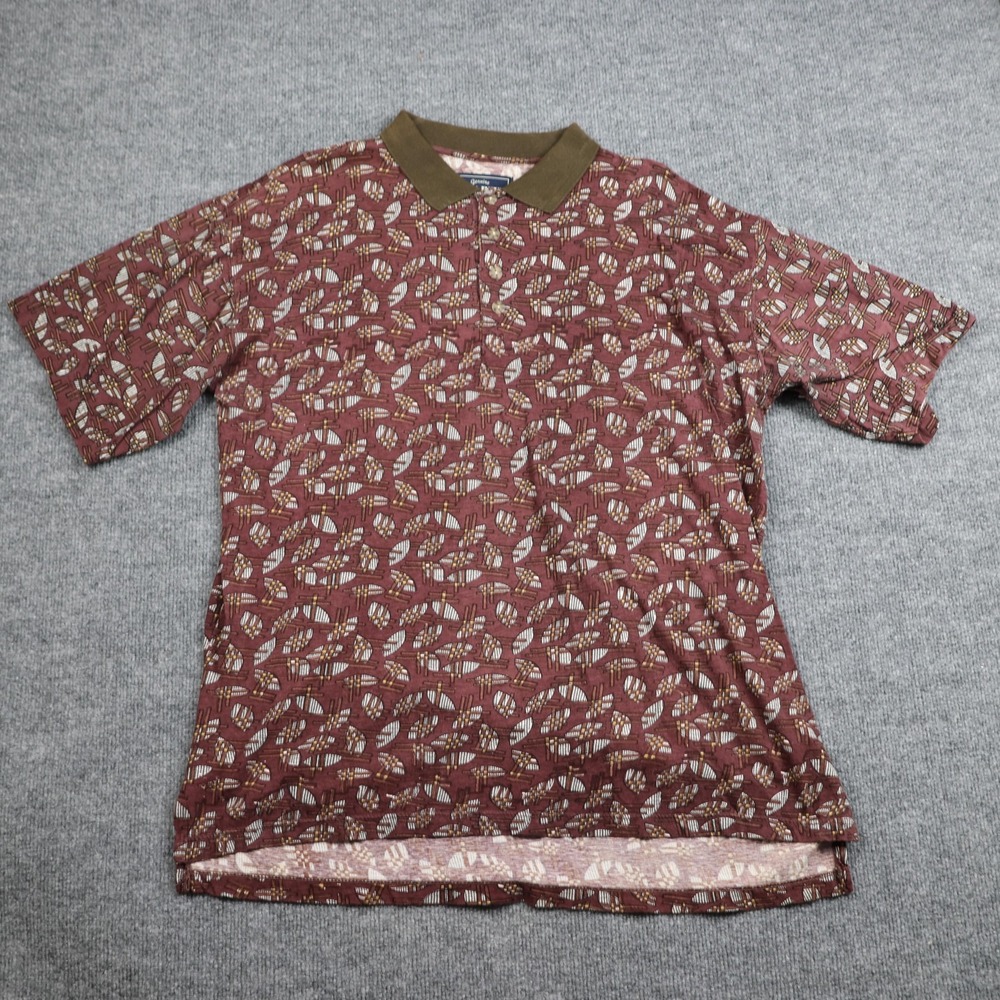 Navy Blue Polo Shirt Mens XL Burgundy Abstract‎ Print Cotton Short Sleeve Casual